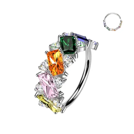 Piercing nez anneau plaqué platine zircons baguettes multicolores