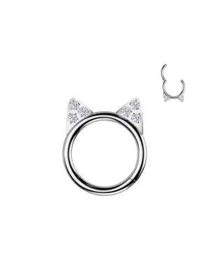 Piercing oreille anneau clicker en titane avec oreilles de chat pavées