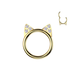 Piercing oreille anneau clicker en titane doré avec oreilles de chat pavées