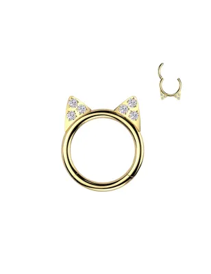 Piercing oreille anneau clicker en titane doré avec oreilles de chat pavées