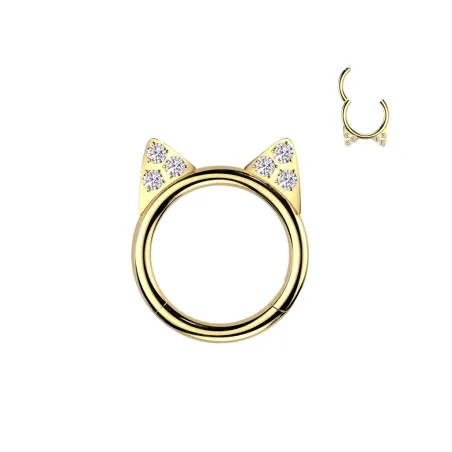 Piercing oreille anneau clicker en titane doré avec oreilles de chat pavées