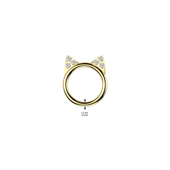 Piercing oreille anneau clicker en titane doré avec oreilles de chat pavées