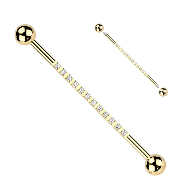 Piercing industriel en titane doré pavé de zirconiums blancs
