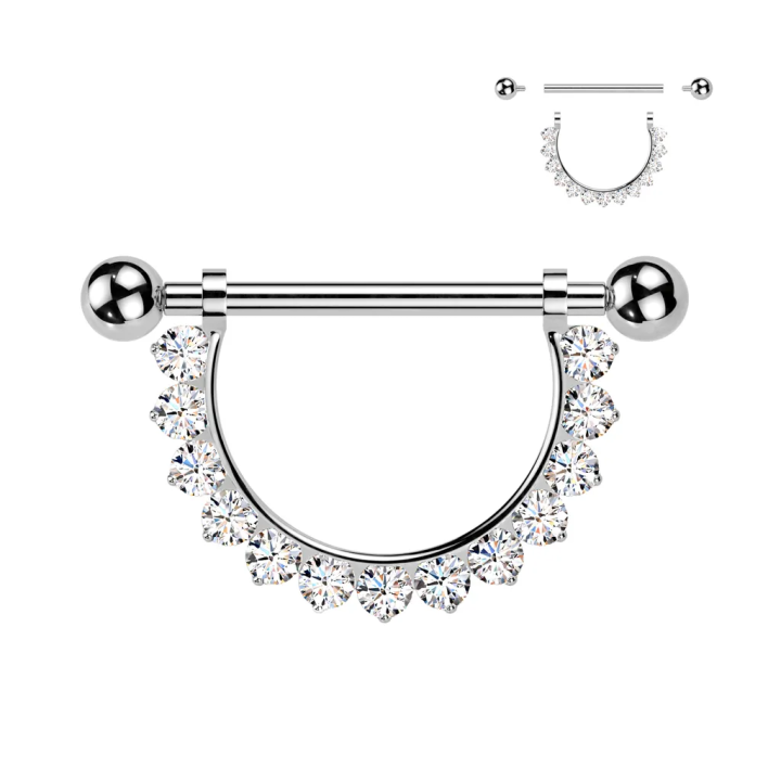 Piercing téton en titane avec pendentif demi-cercle de zirconiums