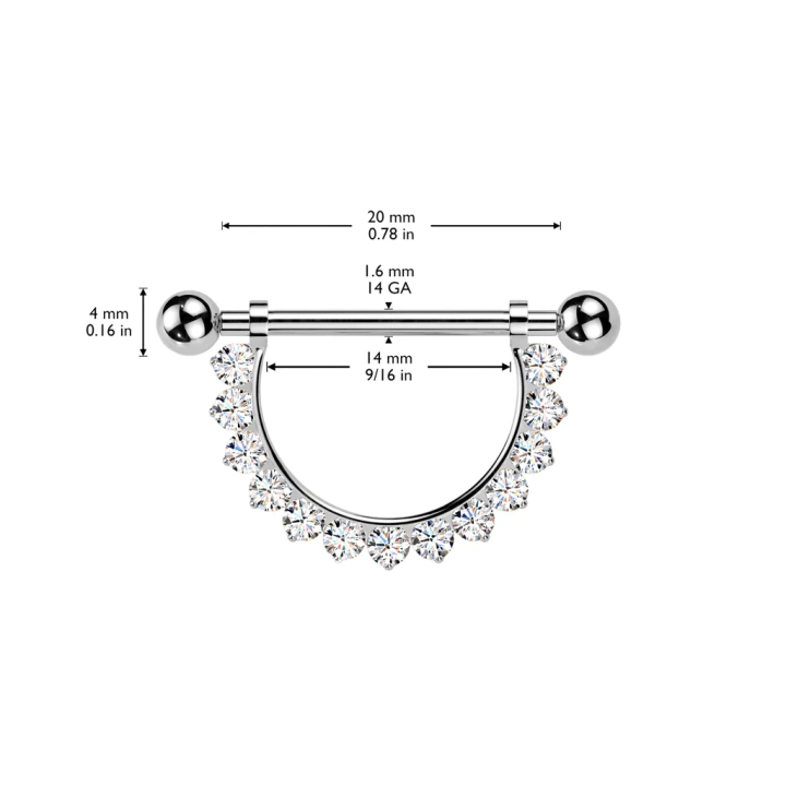 Piercing téton en titane avec pendentif demi-cercle de zirconiums