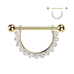 Piercing téton en titane doré avec pendentif demi-cercle de zirconiums