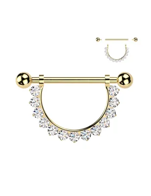 Piercing téton en titane doré avec pendentif demi-cercle de zirconiums