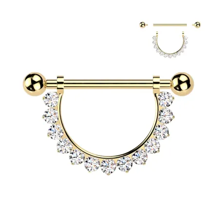 Piercing téton en titane doré avec pendentif demi-cercle de zirconiums