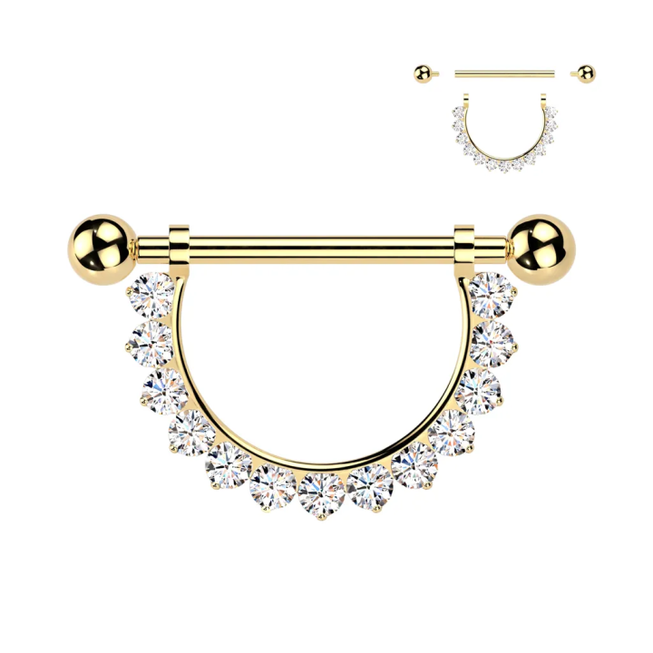 Piercing téton en titane doré avec pendentif demi-cercle de zirconiums