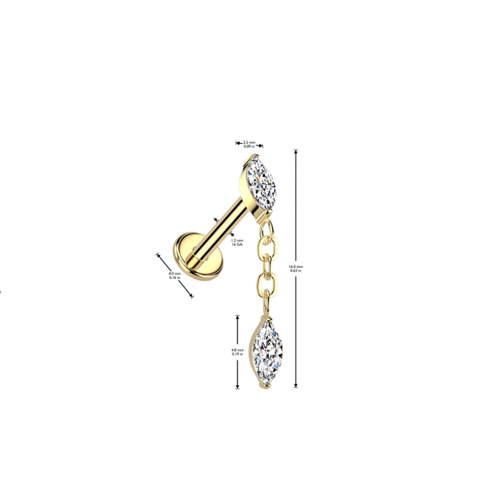 Piercing hélix oreille en titane doré avec pendentif marquise