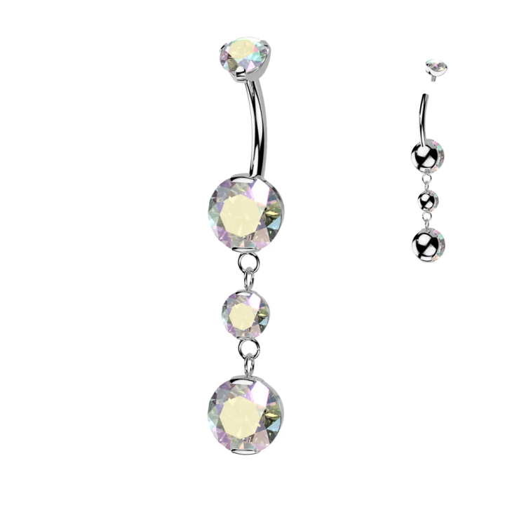 Piercing nombril en titane pendentif deux zircons aurore boréale