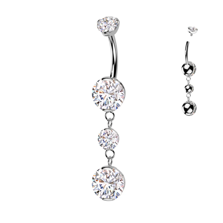 Piercing nombril en titane pendentif deux zircons blancs