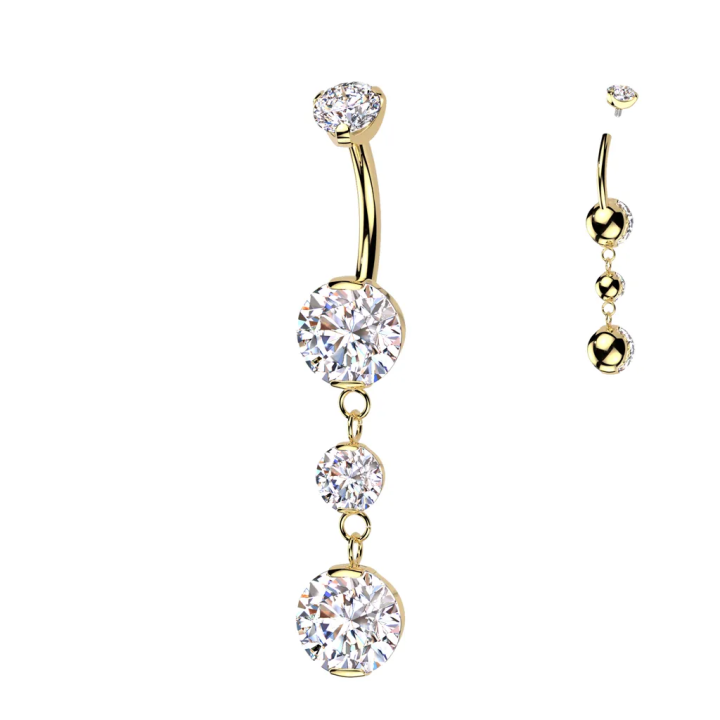 Piercing nombril en titane doré pendentif deux zircons blancs