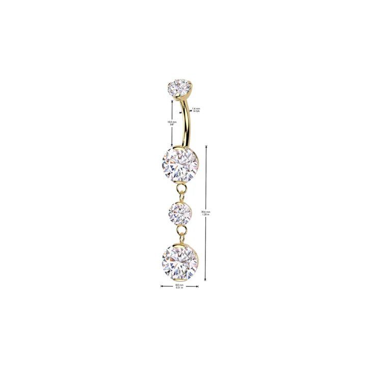 Piercing nombril en titane doré pendentif deux zircons blancs