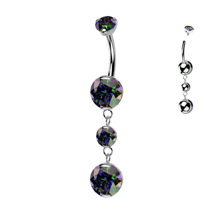 Piercing nombril en titane pendentif deux zircons effet vitrail