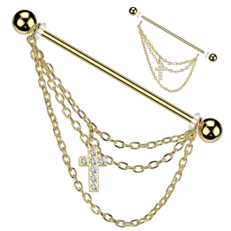 Piercing industriel en acier chirurgical doré avec triple chaines et croix