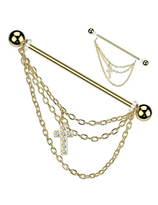 Piercing industriel en acier chirurgical doré avec triple chaines et croix