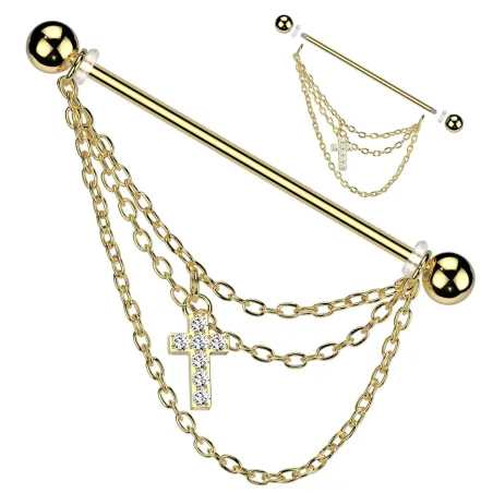 Piercing industriel en acier chirurgical doré avec triple chaines et croix