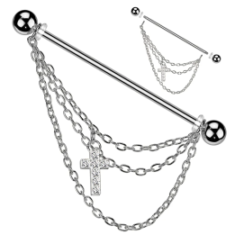 Piercing industriel en acier chirurgical avec triple chaines et croix