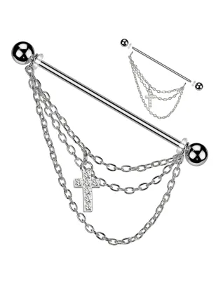 Piercing industriel en acier chirurgical avec triple chaines et croix