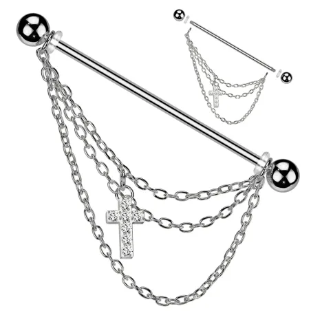 Piercing industriel en acier chirurgical avec triple chaines et croix