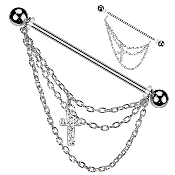 Piercing industriel en acier chirurgical avec triple chaines et croix