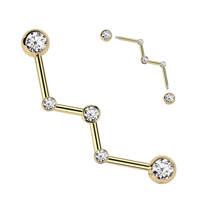 Piercing industriel en acier chirurgical doré Zig Zag avec cristaux