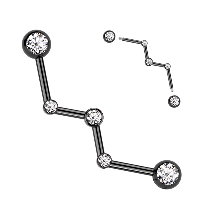 Piercing industriel en acier chirurgical noir Zig Zag avec cristaux