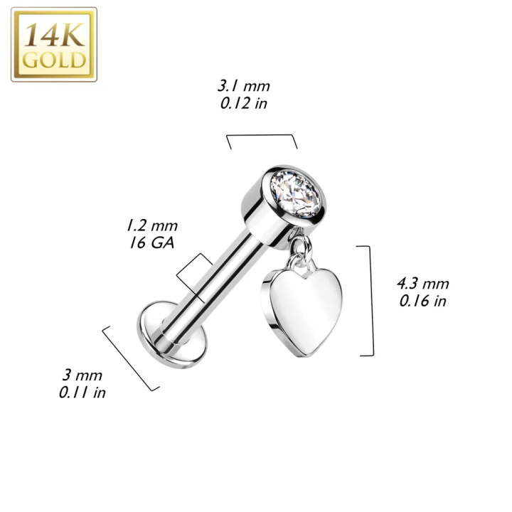 Piercing oreille en or blanc 14 carats pendentif coeur