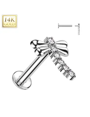 Piercing oreille en or blanc 14 carats libellule pavée de strass