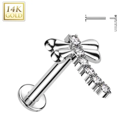 Piercing oreille en or blanc 14 carats libellule pavée de strass