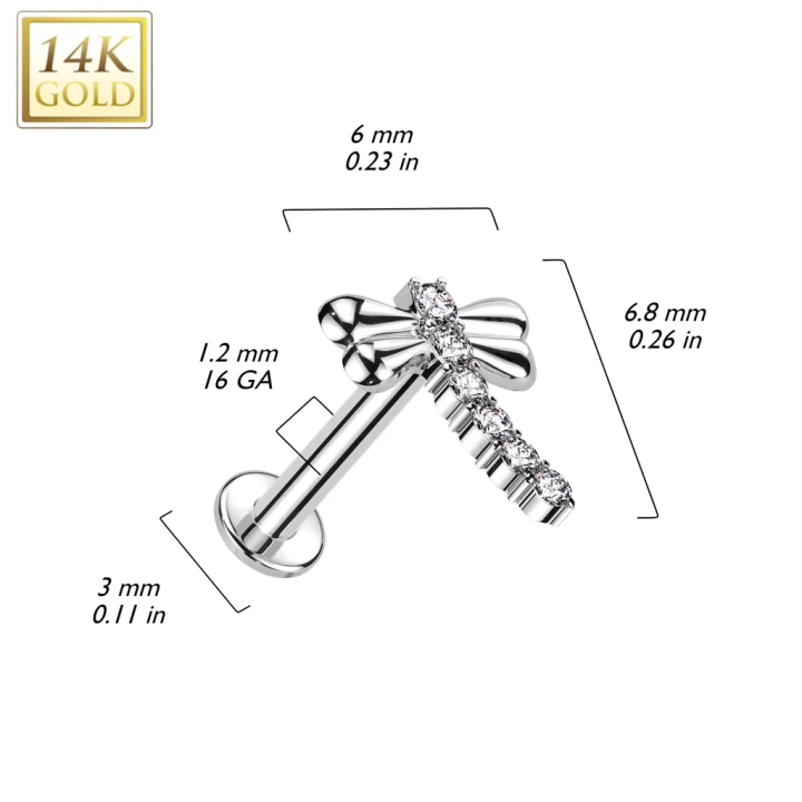 Piercing oreille en or blanc 14 carats libellule pavée de strass