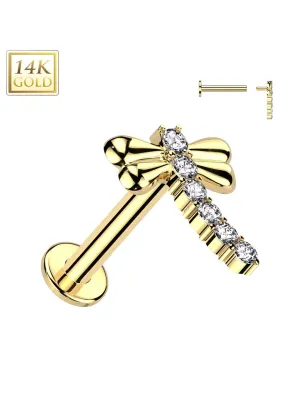 Piercing oreille en or jaune 14 carats libellule pavée de strass
