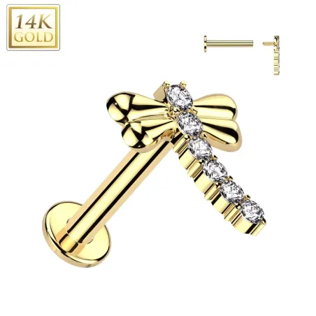 Piercing oreille en or jaune 14 carats libellule pavée de strass