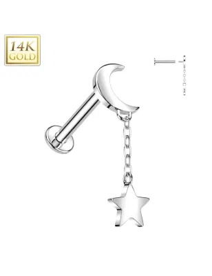 Piercing oreille en or blanc 14 carats lune avec pendentif étoile