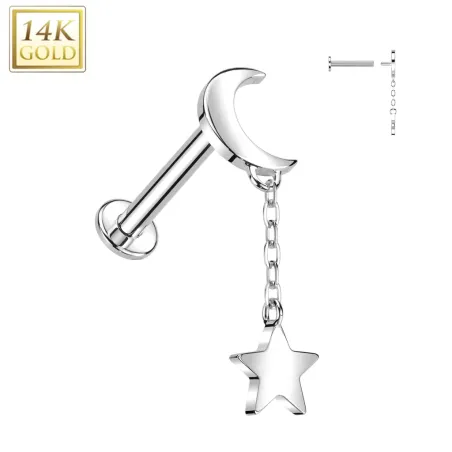 Piercing oreille en or blanc 14 carats lune avec pendentif étoile