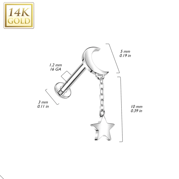 Piercing oreille en or blanc 14 carats lune avec pendentif étoile
