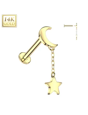 Piercing oreille en or jaune 14 carats lune avec pendentif étoile
