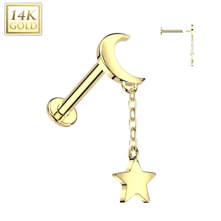 Piercing oreille en or jaune 14 carats lune avec pendentif étoile