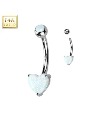 Piercing nombril en or blanc 14 carats avec coeur d'opale