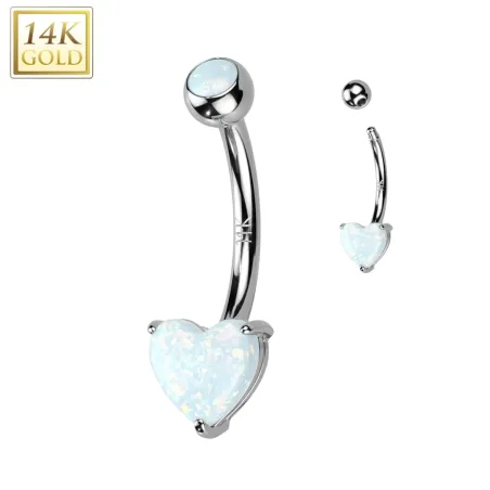 Piercing nombril en or blanc 14 carats avec coeur d'opale