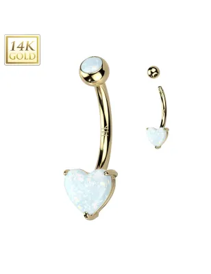 Piercing nombril en or jaune 14 carats avec coeur d'opale