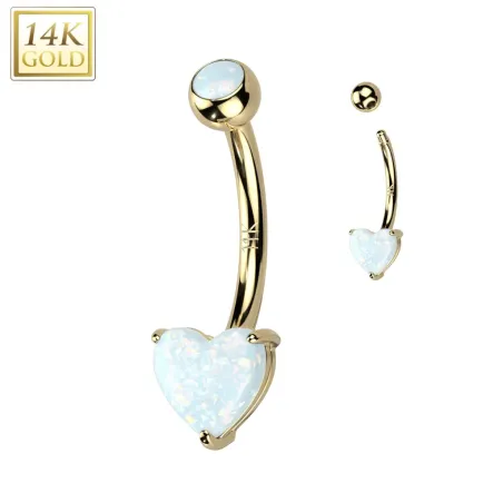 Piercing nombril en or jaune 14 carats avec coeur d'opale