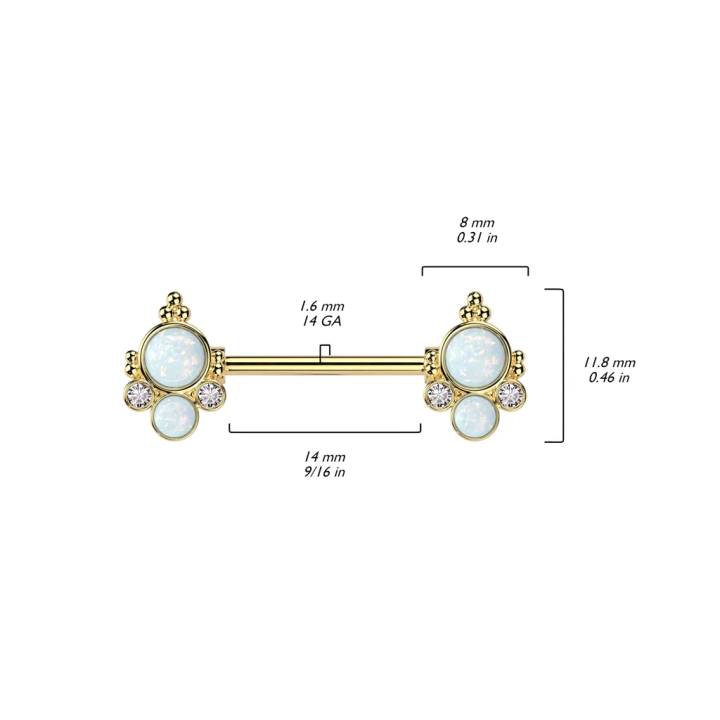 Piercing téton en acier doré avec embouts à deux opales