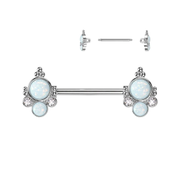 Piercing téton en acier chirurgical avec embouts à deux opales