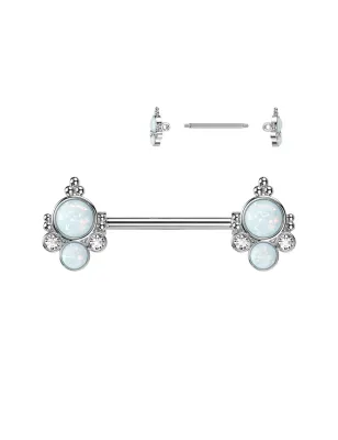 Piercing téton en acier chirurgical avec embouts à deux opales