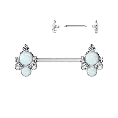 Piercing téton en acier chirurgical avec embouts à deux opales
