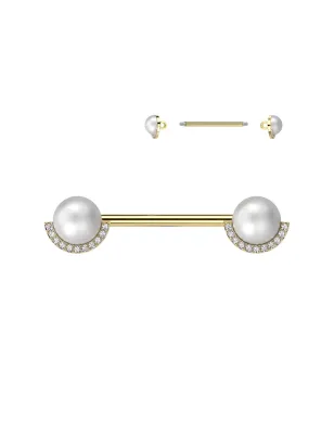 Piercing téton en acier doré avec perles entourées de strass