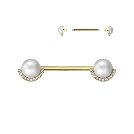 Piercing téton en acier doré avec perles entourées de strass