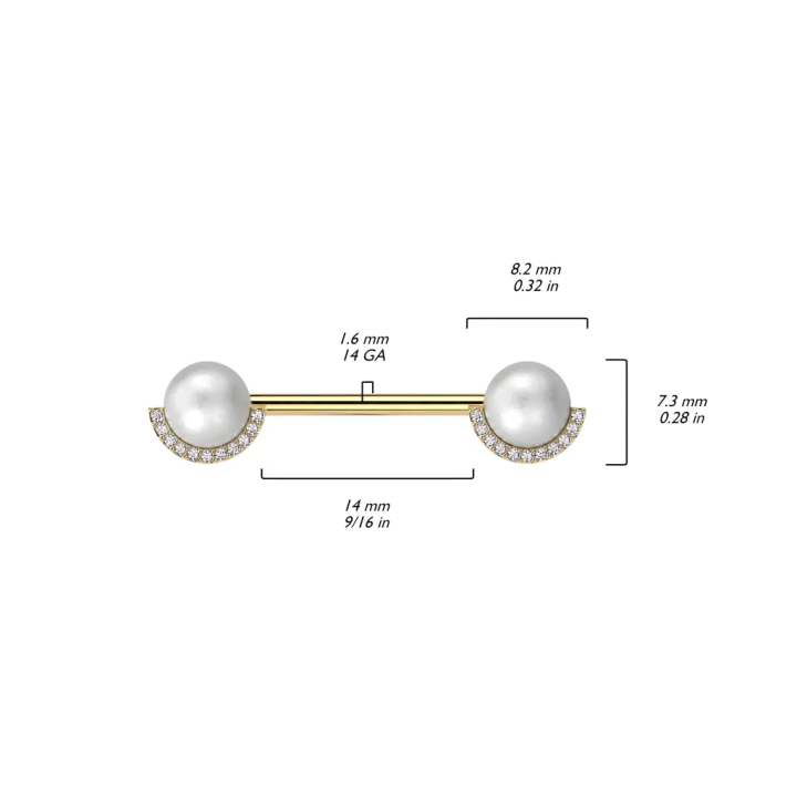 Piercing téton en acier doré avec perles entourées de strass